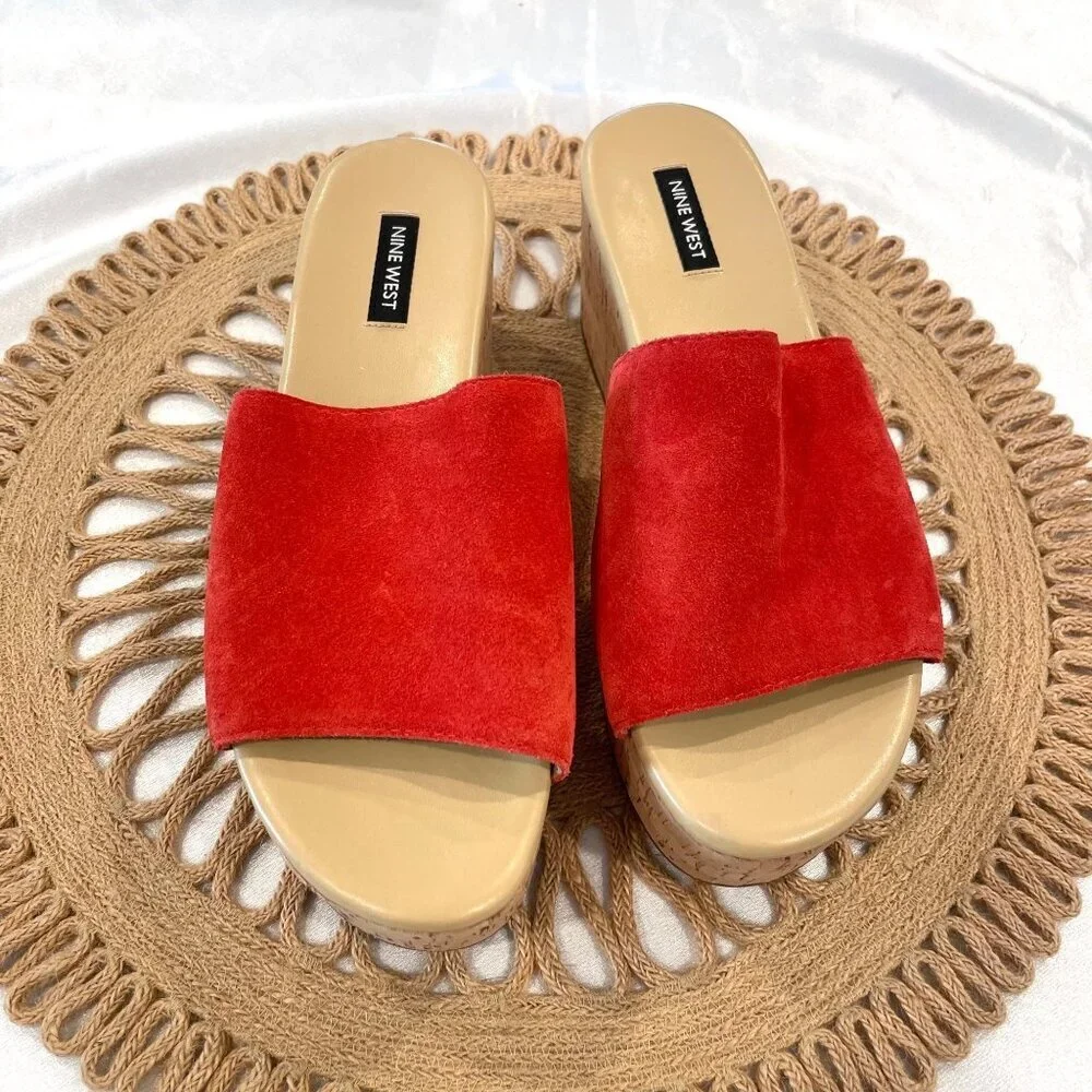 Nine West Vale Orange/Red Suede Flatform Sandals Vale Size 8.5